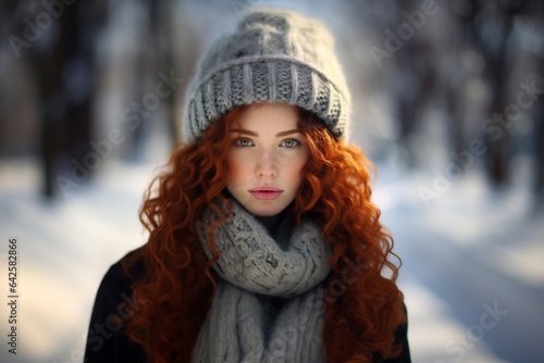 face of young pretty woman with scarf and winter hat