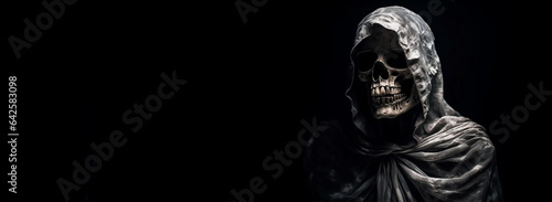 a spooky Halloween scarecrow in a black dress with copyspace, banner style for sales and marketing with space for text