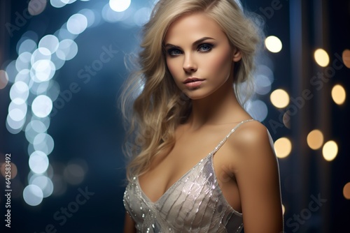 beautiful blonde woman dressed in night clothes with lights