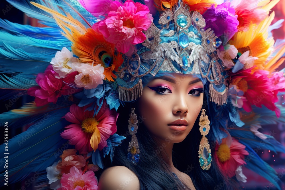 Asian woman face with feather headdress and neon flowers Asian woman face with feather headdress and neon flowers