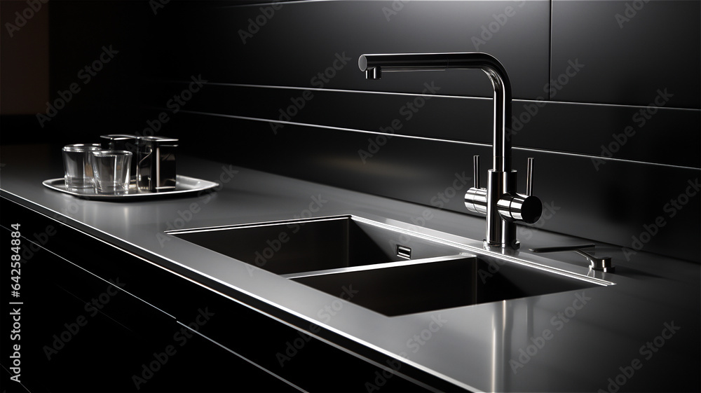 Black stainless steel kitchen sink with chrome faucet in minimalist