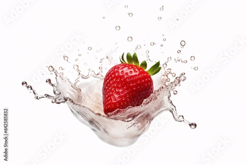 Milk splash with fresh strawberry isolated on white background.