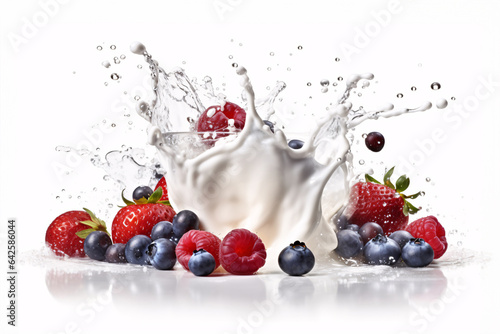 Milk splash with fresh berries and fruits isolated on white background.