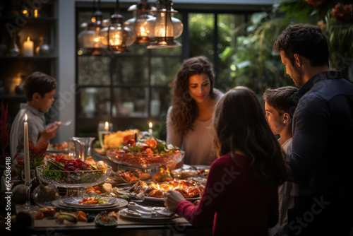 A family gathered around a beautifully set Thanksgiving table  ready to share a festive meal. Generative Ai.