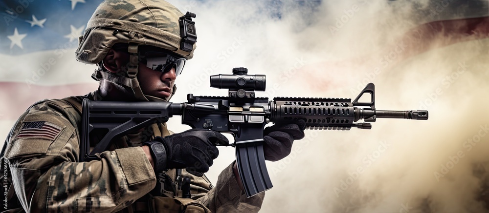 Composite image of armed forces day with caucasian soldier aiming gun representing honor and patriotism Composite image of armed forces day with caucasian soldier aiming gun representing honor and patriotism