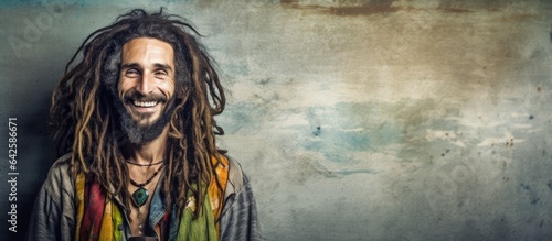 Smiling man with hippie rastaman look on grunge background photo
