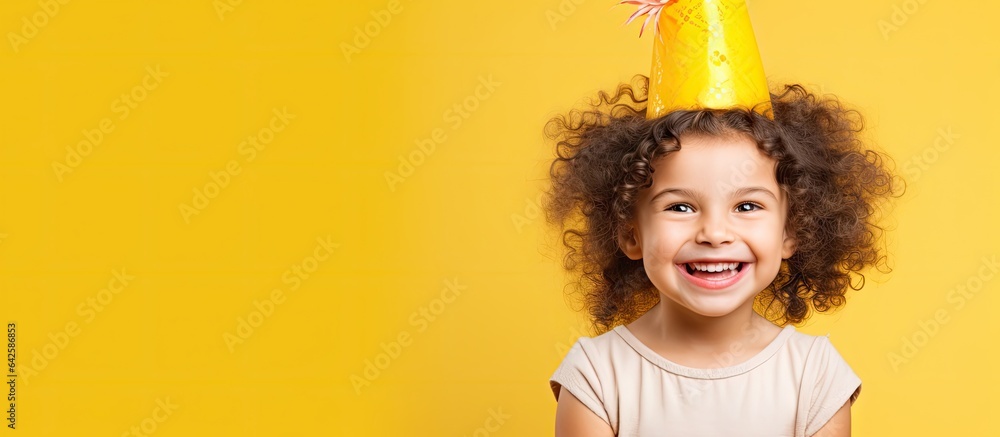 A happy child girl in a party hat celebrates her birthday on a yellow background Space for text Banner