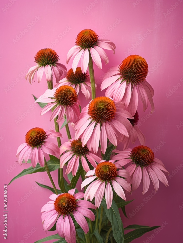 Fototapeta premium Aromatic Echinacea Herbs Photorealistic Vertical Illustration. Healthy Vegetarian Diet. Ai Generated bright Illustration with Delicious Aromatic Echinacea Herbs.