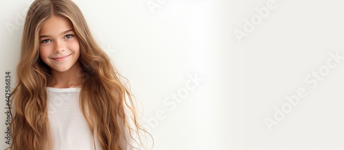 Teen girl advertising teen style on a white background with copy space photo