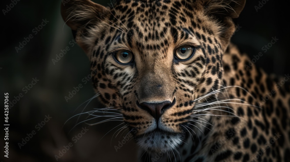 Leopard. Javan leopard close up. African leopard female pose in beautiful evening light. Amazing leopard in the nature habitat. Wildlife scene with dangerous beast. 