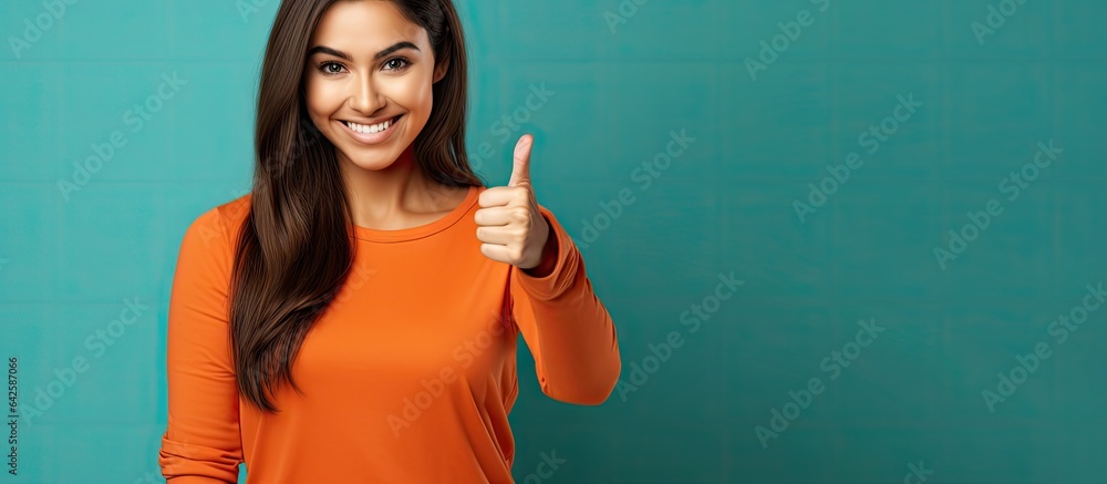 Smiling young woman in orange shirt poses with thumbs up and gazes at camera Studio photo on turquoise backdrop Smiling young woman in orange shirt poses with thumbs up and gazes at camera Studio photo on turquoise backdrop