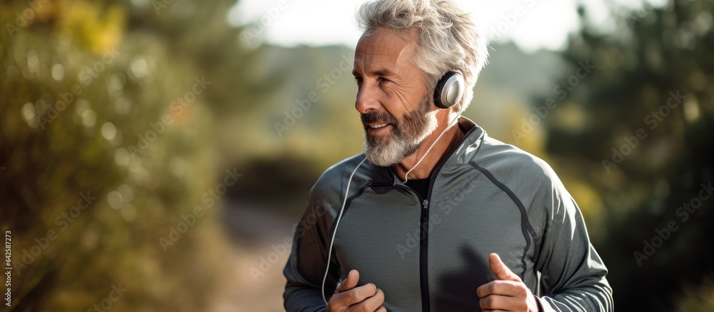Obraz premium Elderly athlete running outdoors with headphones empty area
