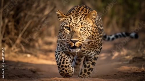 Leopard hunting. Amazing leopard in the natural habitat. Wildlife scene with dangerous beast. © John Martin