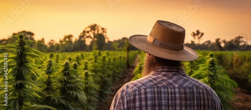 Farmer inspecting CBD hemp plants on cannabis farm photo