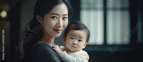 Asian mother with infant in...