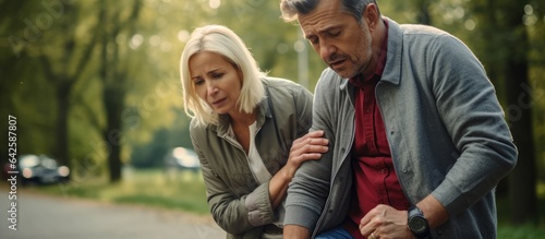 Older man with knee injury in park with wife upset senior man having osteoarthritis standing and rubbing painful area caring woman supporting husband empty area for text