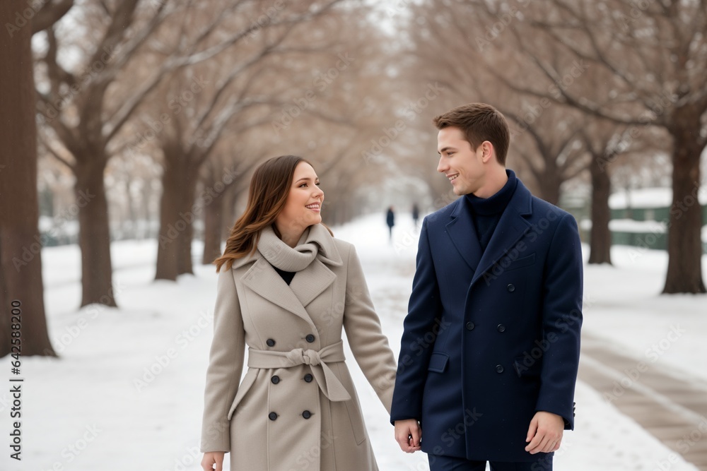 A young couple in love walking in the park on a winter day A young couple in love walking in the park on a winter day