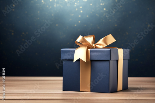 Blue gift box with golden bow on blue background. Generative AI