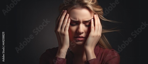 Blonde woman in studio experiencing headache and migraine with negative emotions