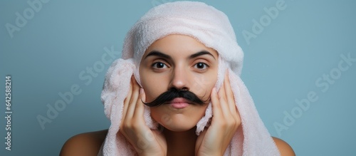 Woman with towel on head us...