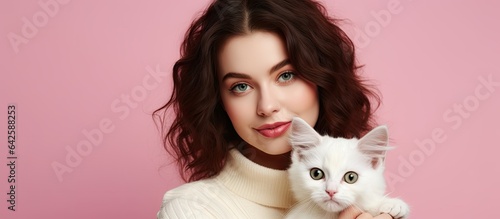 Girl with adorable feline c...