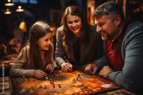 A family engaged in a board game tournament, a spirited competition that follows the Thanksgiving meal. Generative Ai.