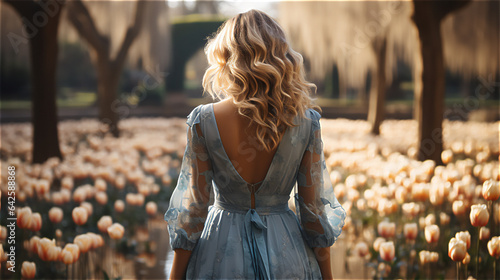 a woman with curly hair hidden face stands with her back to the frame in a blue retro dress in a tulip garden, back view, created with Generative AI Technology.