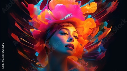 Stylish fashion woman with a large decorative luminous flower on her head. Close-up of the face. Digital art in futuristic style. Illustration for cover, card, postcard, interior design, decor, print.