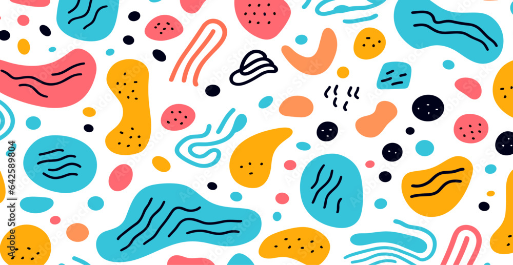 Playful and vibrant line doodle seamless pattern. Innovative minimalistic art background for youngsters or stylish design adorned with primary shapes. Uncomplicated juvenile scribble backdrop