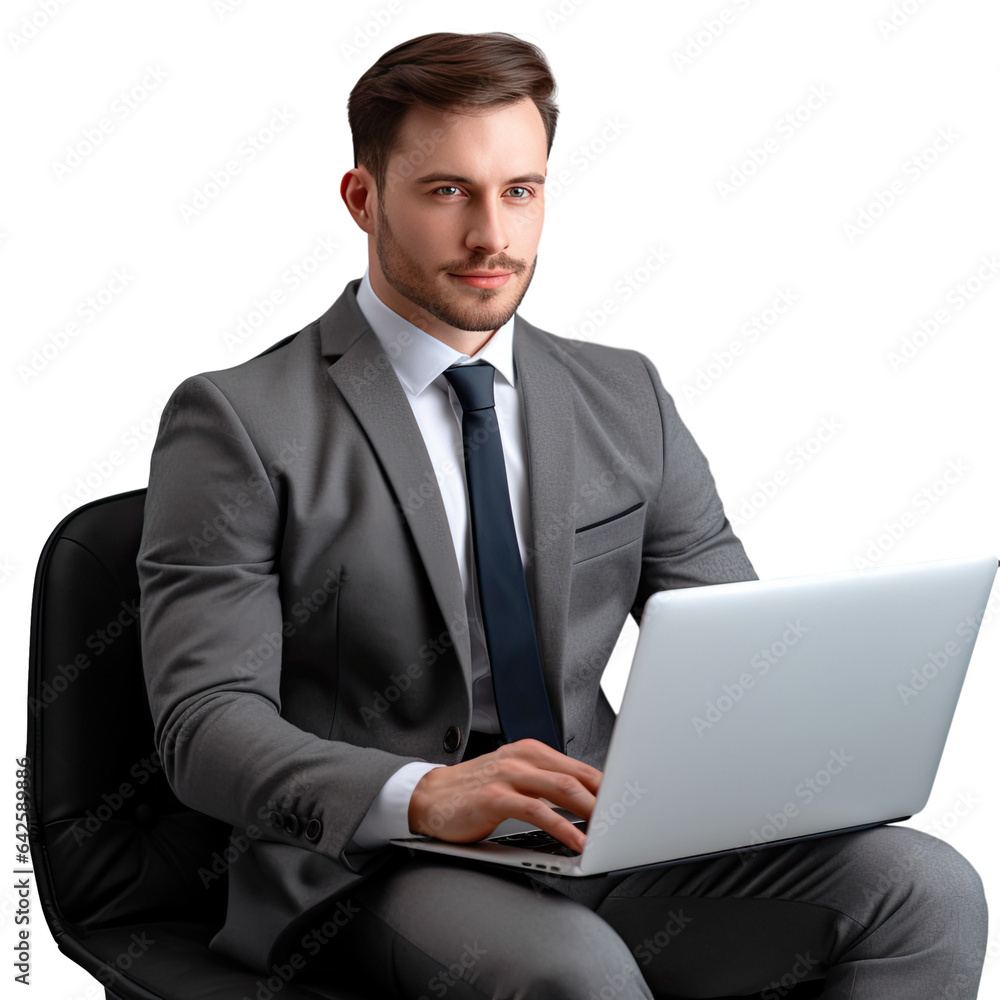 Young businessman using laptop for e learning remote work and watching webinars online in a transparent background Young businessman using laptop for e learning remote work and watching webinars online in a transparent background