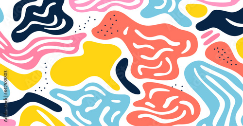 Fun and colorful line doodle seamless pattern. Creative minimalist style artwork background for kids or trendy design with basic shapes. Simple childish scribble backdrop