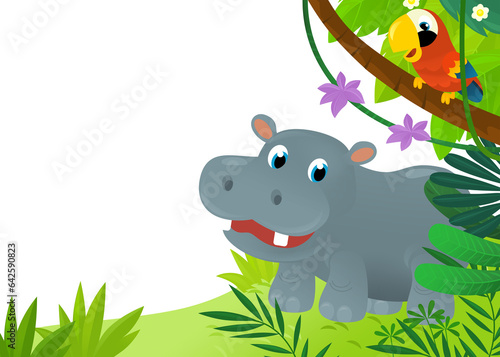 cartoon scene with jungle and animals like hippo being together as frame illustration for children © honeyflavour
