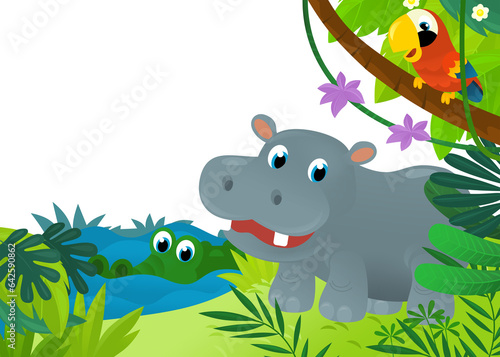 cartoon scene with jungle and animals like hippo being together as frame illustration for children