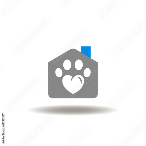 Vector illustration of house and paw print with heart. Icon of pet care. Symbol of pet clinic. Sign of pet house.