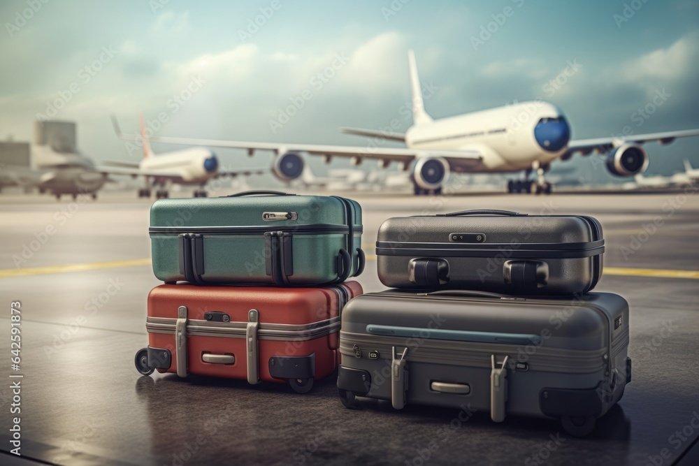 Four suitcases lying outdoors at the airport Four suitcases lying outdoors at the airport