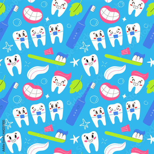 Children dentistry, cute teeth with face, seamless pattern, tooth brush, toothpaste and oral hygiene products, vector tile, funny smiling cartoon characters, orthodontic braces for kids