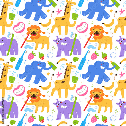 Animals clean teeth with tooth brush, toothpaste for children with fruit taste, dental care for kids, oral hygiene, cute lion, giraffe and elephant and rhino, seamless pattern, repeat tile