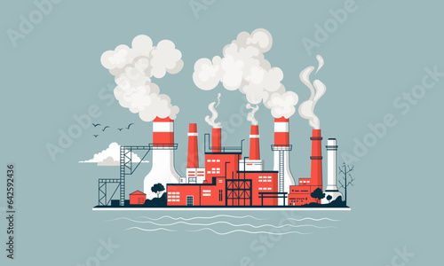 Industrial buildings, manufacturing. Red white chimneys with smoke, pipes with steam set. Industrial smog clouds, factory or plant flues. Vector illustration.