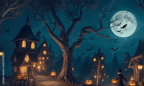 Halloween night scene. A full moon hangs low in the starry sky, casting an eerie glow over a haunted forest © Alice