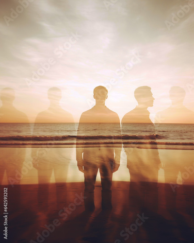 Generative AI photo of a man contemplating the sunset. Creative use of multiple exposures. A state of inner calm. n inspiration for those seeking spiritual growth and self-discovery 