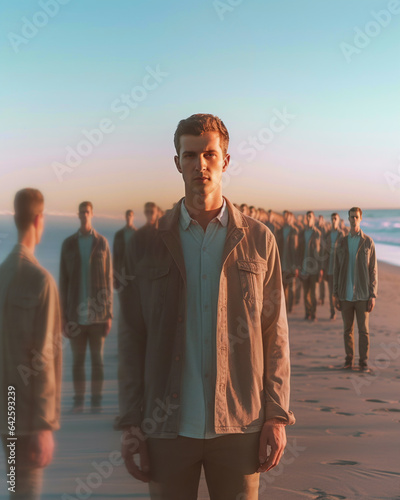 Generative AI photo of a man on a beach meeting his multiple selves multiple exposures. A metaphor of self-discovery and transformation via psychotherapy. A deeper connection with self. 