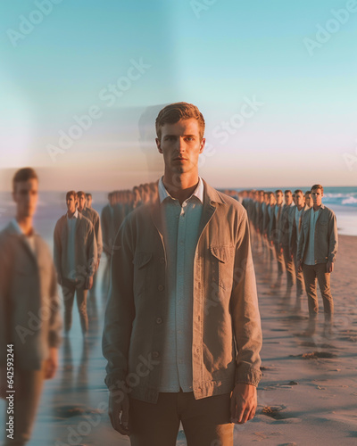 Generative AI photo of a man on a beach meeting his multiple selves multiple exposures. A metaphor of self-discovery and transformation via psychotherapy. A deeper connection with self.