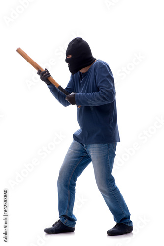 Young male burglar holding baseball bat isolated on white