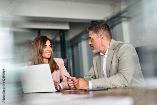 2 smiling executives using laptop discussing work. Busy colleagues talking on project strategy at meeting table. Two professional middle aged business man and woman managers in office. Authentic photo