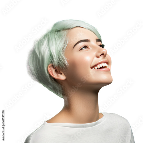 Smiling teenage girl with short white hair green wall backdrop gazing upwards
