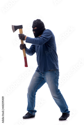 Young male burglar holding hatchet isolated on white