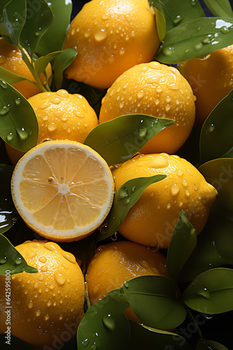 Fresh Yellow Lemons with Droplets of Water and Leafs, Close-Up
