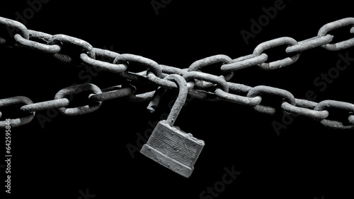 Worn rusted chain and open pad lock on black background. Conceptual freedom, weak link, or unprotected security system.