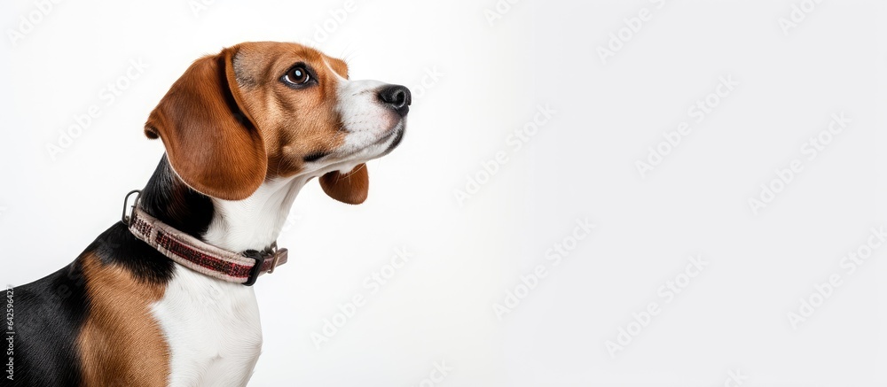 A cute beagle dog with a collar seen from the side isolated on a white background A cute beagle dog with a collar seen from the side isolated on a white background