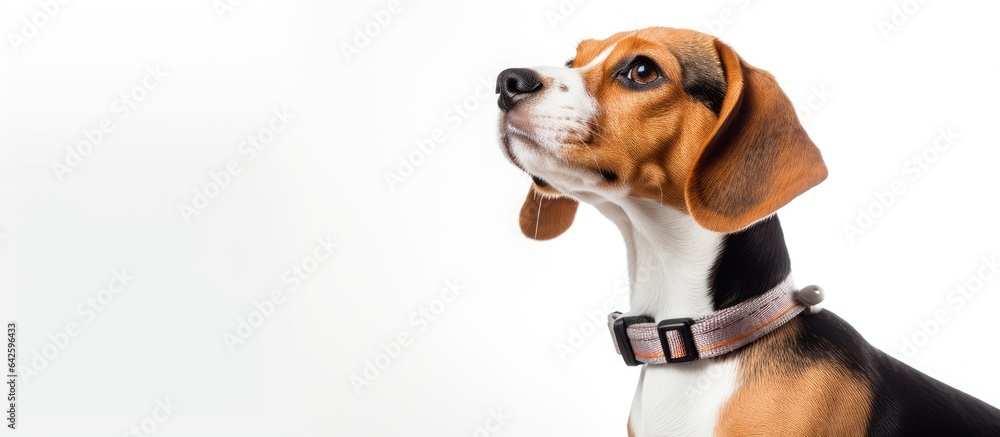 A cute beagle dog with a collar seen from the side isolated on a white background